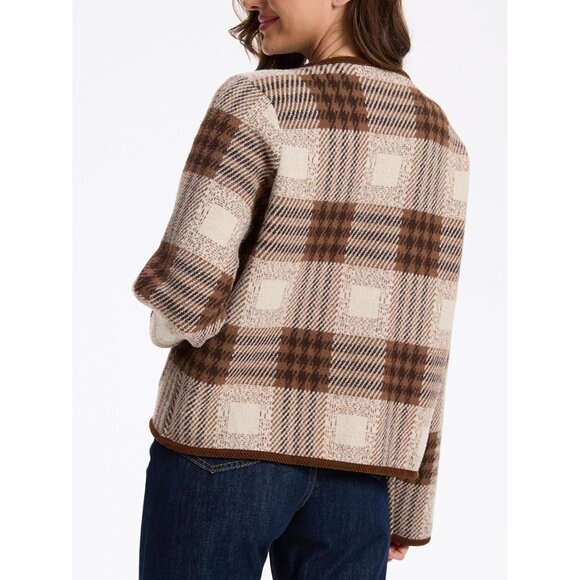 Women's Plaid Knit Cardigan Sweater Long Sleeve Pockets Casual Fall - Picture 3 of 7
